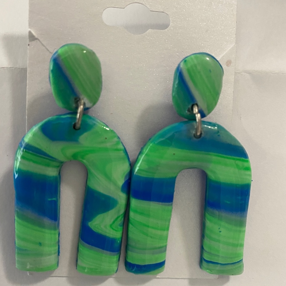 Green and Blue Marbled Polymer Clay Arch Earrings